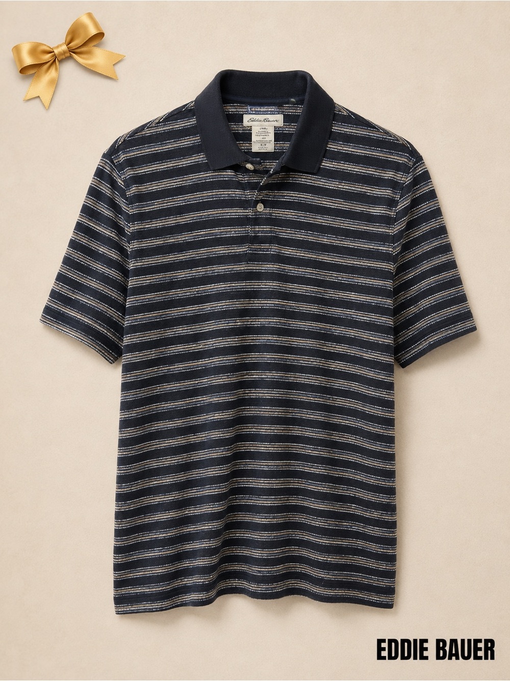Eddie Bauer AKA Polo Shirt Size S Blue Striped Short Sleeve Casual 37% Linen
